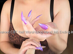 Restrained CBT Nail Worshipping Hand Job Ending in CEI