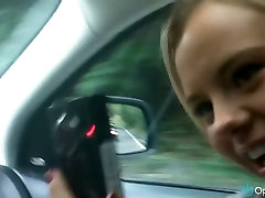 Buxom blond haired bitch never minds sucking and jerking dick in the car