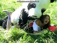 Perverted light haired Red Cap meets huge teddybear toy in the woods and masturbates