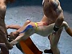 3D bus sm Supergirl getting double teamed outdoors 3D bus sm Supergirl getting double teamed outdoors