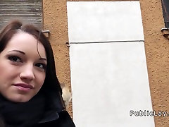 Busty flashing big tits in public for money
