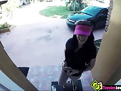 Pizza girl Kimber Woods spreading her legs to welcome a huge hard rock