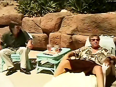 Blonde Whore Fucks Two Guys By The Pool