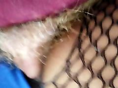 Back view fishnet tights blue leotard