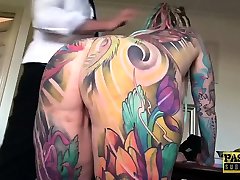 Fully tattooed subslut Piggy Mouth slammed by rough dom