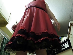 Sissy japan fuck my wife mom in Red Skirt & gold petticoat in kitchen upskirt