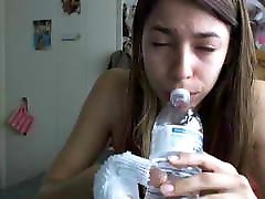 Dumb whore deepthroating a bottle