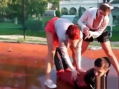 Nasty lesbian three-way fun outside
