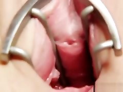Blonde babe Paris uses pussy gape spreader