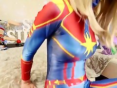 Amateur teen in suit Captain Marvel tests new toys Bad Dragon Sia Siberia