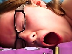 Busty geek girl Panda toys her trimmed cunt