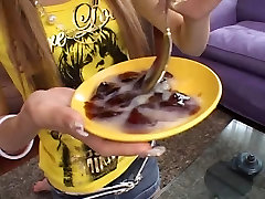 Japanese girl eating south indian outer with cum