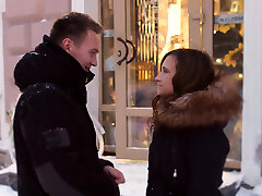 Teen brunette Stasya warms up during a cold day