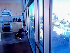 Window Washing with cruel licked balls Tail and Belly Stretching