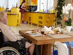 Handicapped grandpa gets blown by teen redhead step niece
