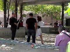 Public slave walked with dick on a stick