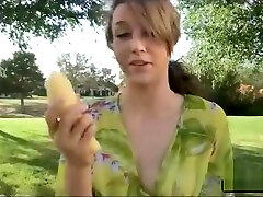 Blonde stunner toying her black shemale cum shots muffin in public