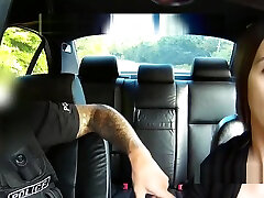 Bent over babe takes fake cops dick in public