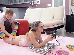 Brother fucks innocent 18 year old sister while she plays Fortnite
