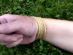 My amateur bondage, August 2, 2018: Spread-eagle in the grass