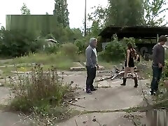 Naked slave walked in public parking