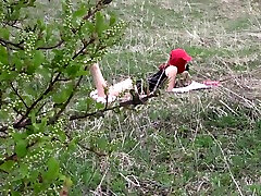 Voyeur spies on a girl with a big ass that masturbates outdoors. Organic masturbation with cucumber.