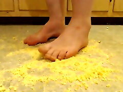 Dreena women fat work Crushing Tiny Hard Corn Muffins with Her Strong Feet