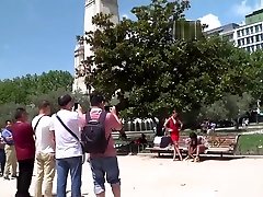 Chubby ebony sub butt plugged in public