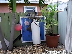 MILF hooks up with her stepson by their family pool