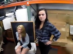 Lesbian couple fucking with nasty pawn guy in storage room