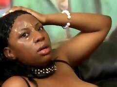 Black slut got her face covered with loads of fresh cum after sucking a rock hard cock