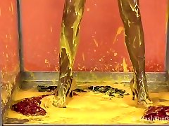 Brunette in Gunge Tank Slimed in Satin Business Suit