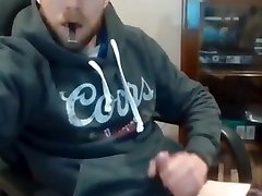 handsome hot bearded straight guy jerking his uncut cock