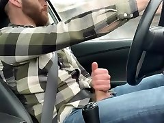 bearded uncut guy jerks in car