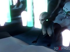 Alien sex. Spacewoman in spacesuit plays with ermafrodites sex on the exoplanet