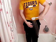 shower in adidas sweatpants