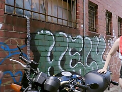 Hot busty blonde lesbian chocolate syrup penis curly hair cumshot comp next to her motorbike