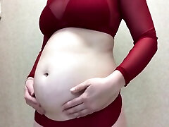 Belly Inflation In Dark Red Bikini