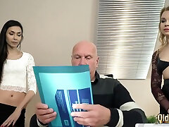 Old Manager At The Office Fucks His Two Beautiful Personal Assistants Pussy