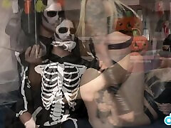 Bella Mur gets Cumshot on her big boobs after Halloween sex with skeleton