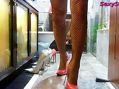 il mio rosa tacco a spillo scarpe e calze a rete