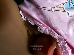 Slut girl sexdoll masturbates with a sausage and makes a video when she squirts