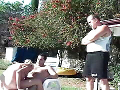 Blonde MILF gets fucked by two cocks in double penetration