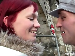Redhead greedily drinks from a massive throbber and welcomes more via her cockpit