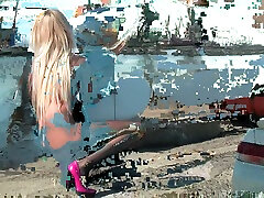 Blonde sweetie in blue old beard teen undresses behind the car