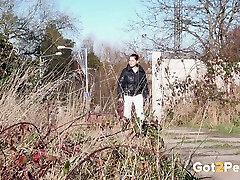 White horny teen chick in autumn day wandering out of town