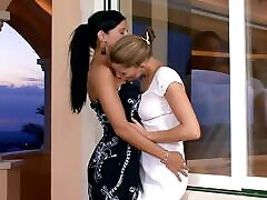 Balcony maths breast performed by two gorgeous babes