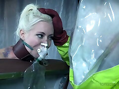 Blondie belted nude to the gyno table and pacified with freshtiny babesundefined mask
