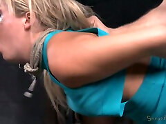 Blindfolded and hard tied submissive blonde deepthroats masters stiff dick