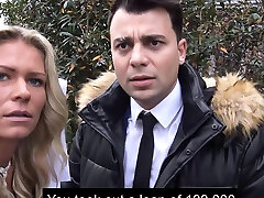 Naive blonde confronted by debt collector with thick phallus